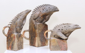 Pangolins 2013. Chamotte, glaze. Height 44, 39, 26 cm