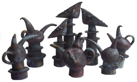 Birds And Kettles. 2010. Shamot, glazes, reduction. Height 39, 36, 30, 29, 25, 24, 23, 20 cm.